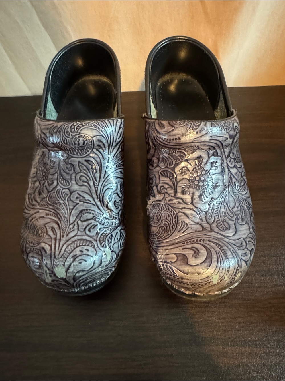 Dansko gray and black Embossed Floral Leather Clogs